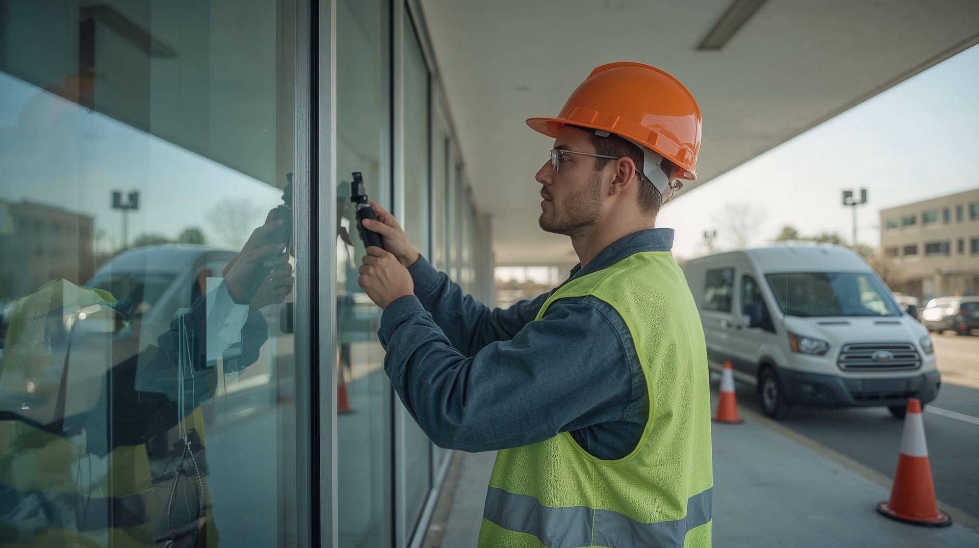 Technician performing exterior building maintenance on commercial facility with service van in background — Morale Logistics LLC facility maintenance services.