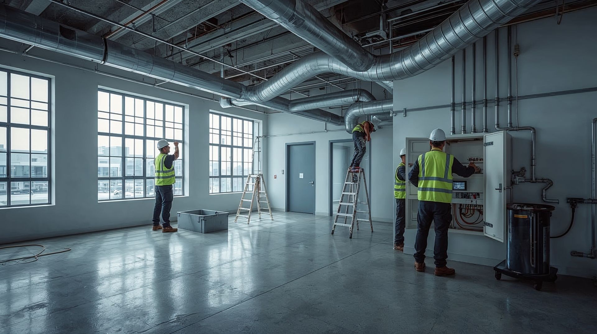 Skilled trade technicians performing HVAC and electrical maintenance inside commercial facility — expert installation and inspection by Morale Logistics.