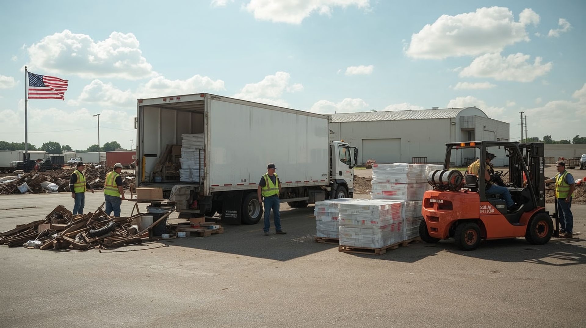 Logistics crew loading debris and materials at industrial site with forklift and trucks — veteran-led hauling and waste removal by Morale Logistics LLC.