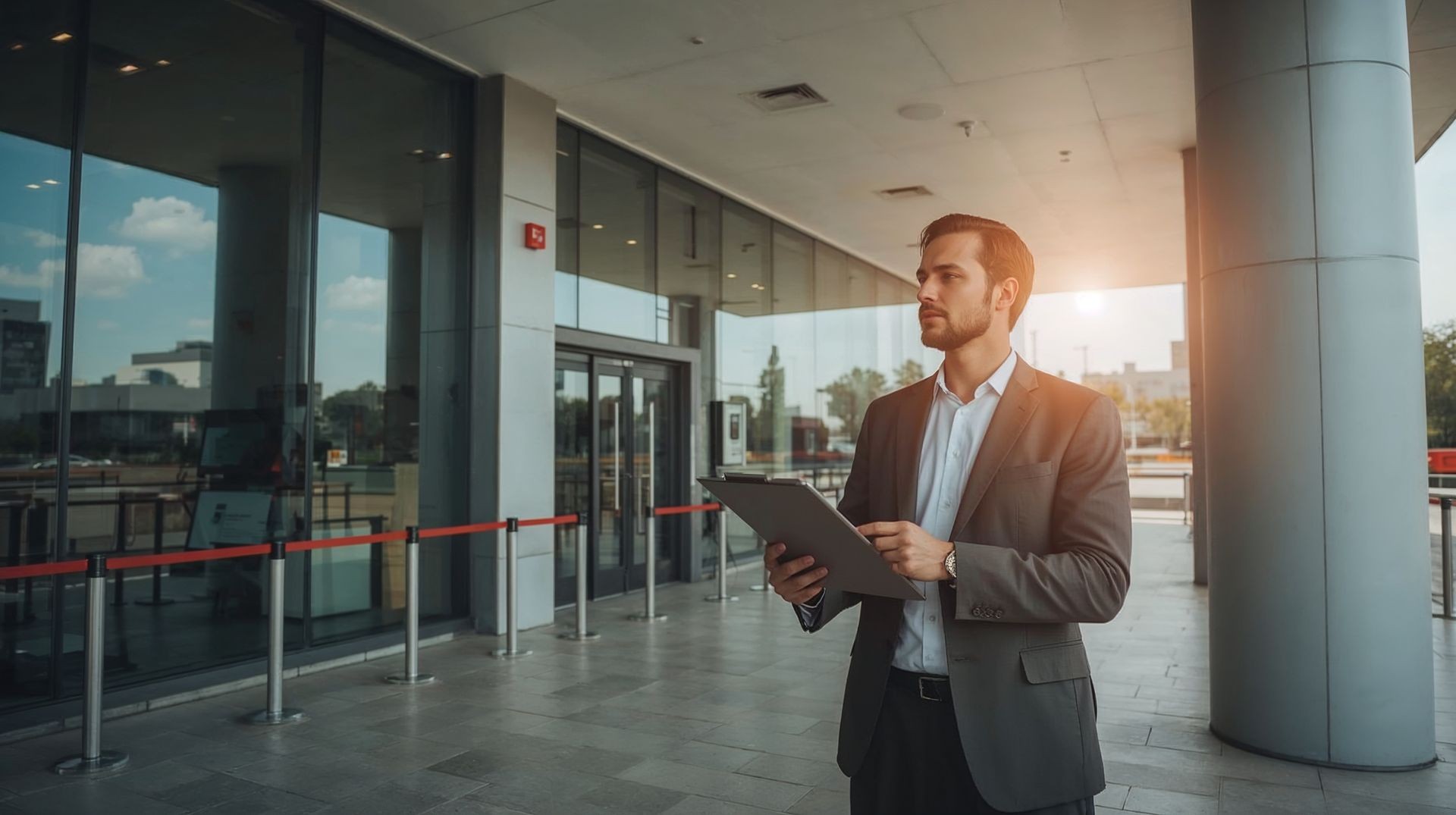 Property manager inspecting commercial facility exterior with clipboard — full-service property oversight and maintenance coordination by Morale Logistics.