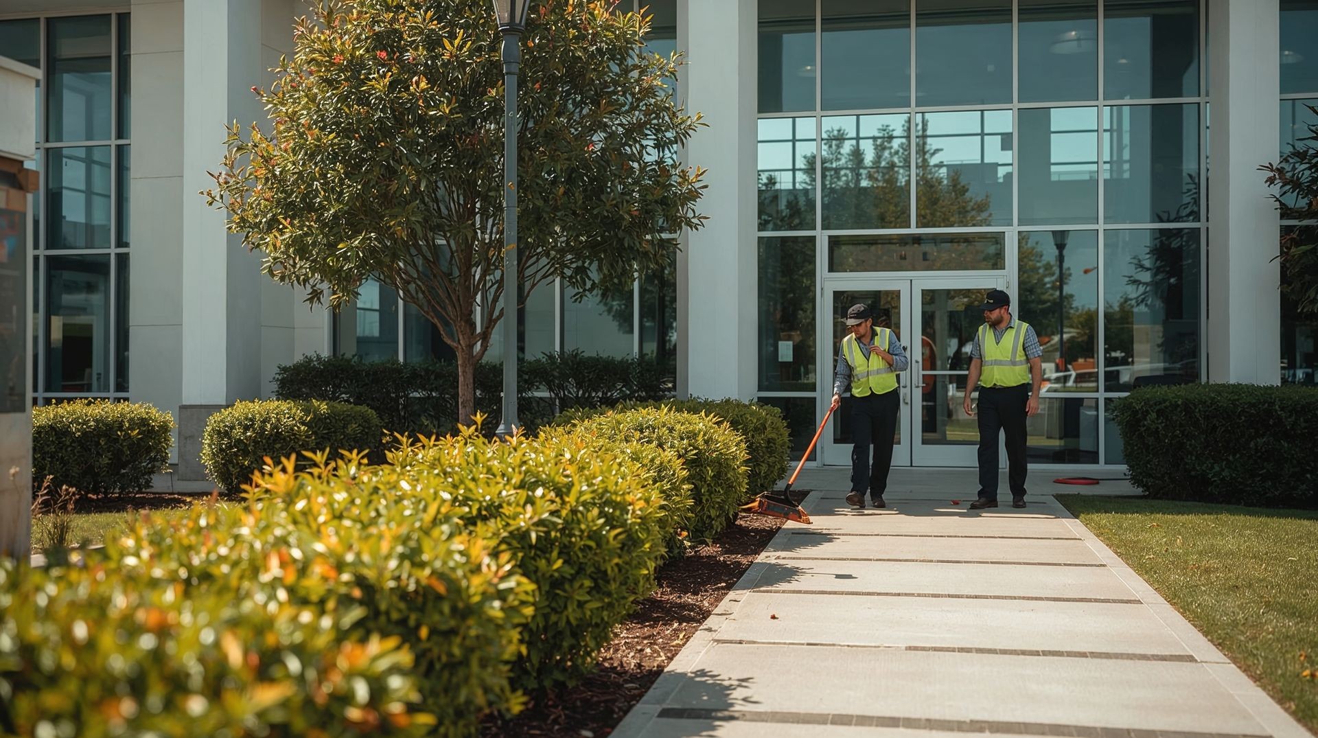 Janitorial and landscaping team maintaining commercial property exterior — Morale Logistics LLC facility upkeep and grounds maintenance services.