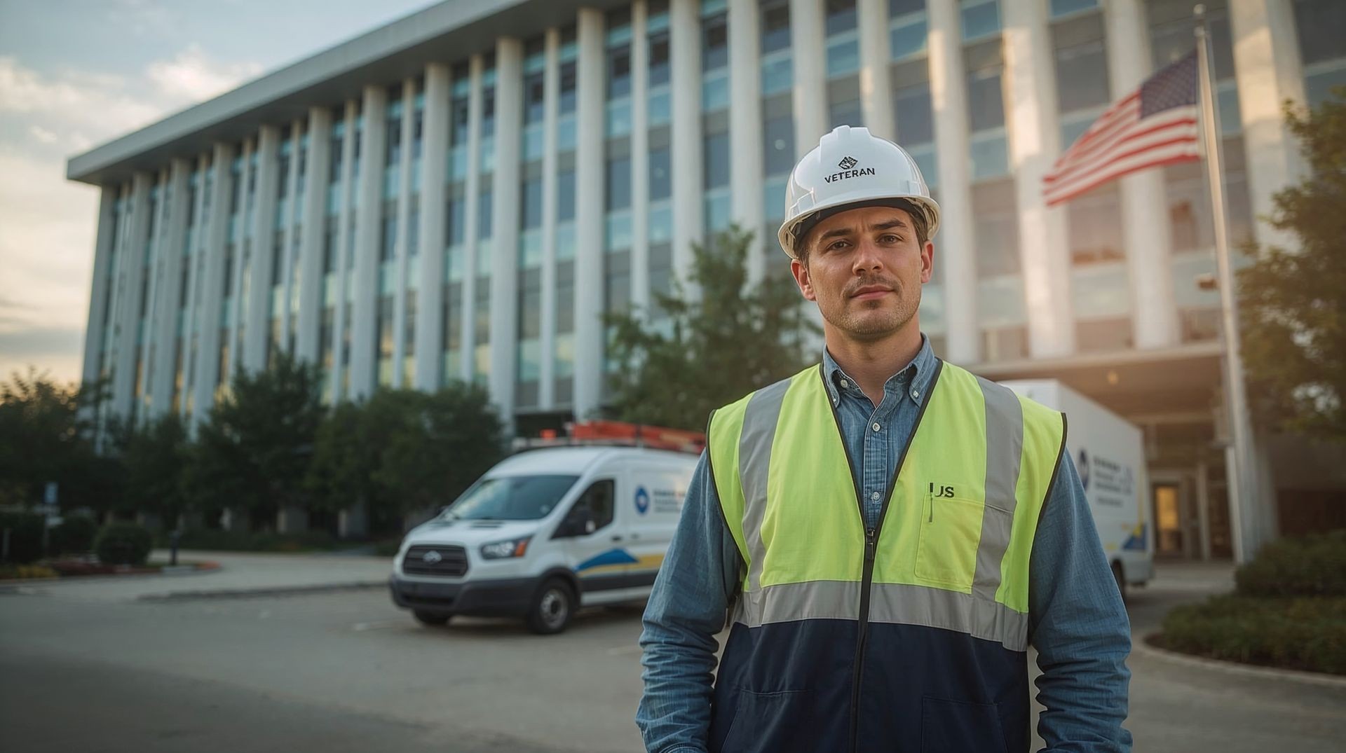 Veteran-owned facility maintenance professional standing in front of a government building with service vehicle and American flag, representing Morale Logistics’ nationwide reliability and mission-ready results.