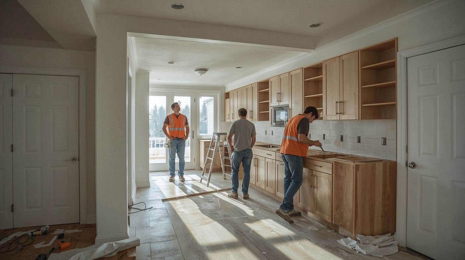 Construction professionals remodeling residential kitchen interior — quality renovation and repair services by Morale Logistics LLC.