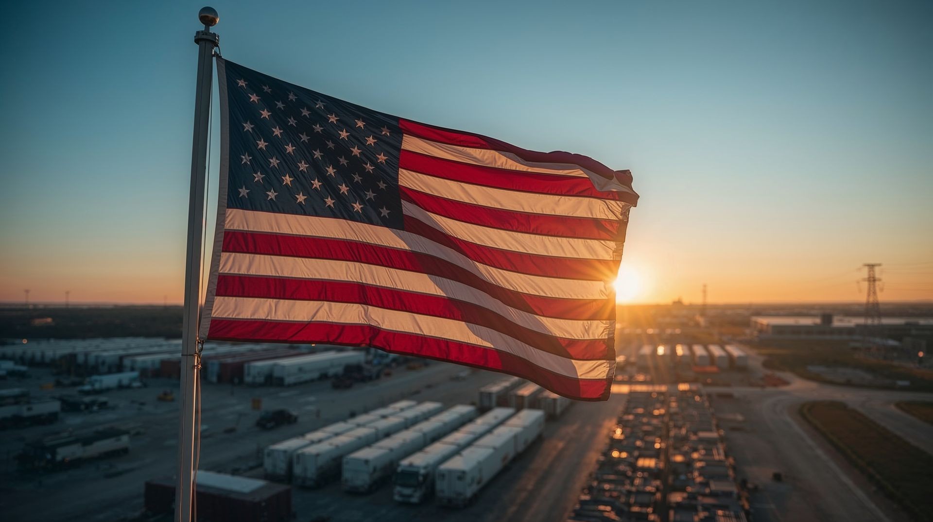 American flag waving at sunrise over a logistics yard, symbolizing nationwide service, reliability, and veteran-owned leadership in U.S. facility and property maintenance.