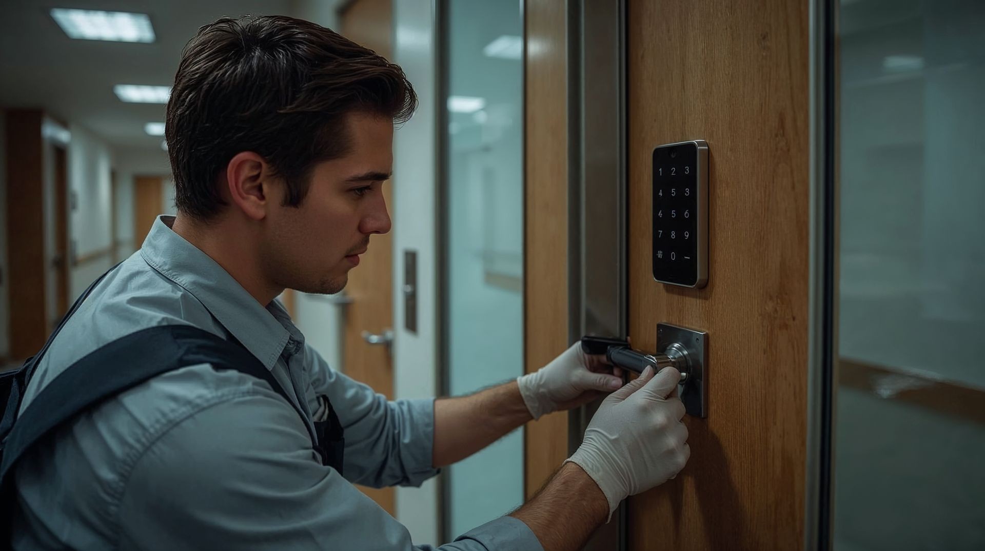 Professional locksmith installing keyless access system on office door — commercial and government security solutions by Morale Logistics.